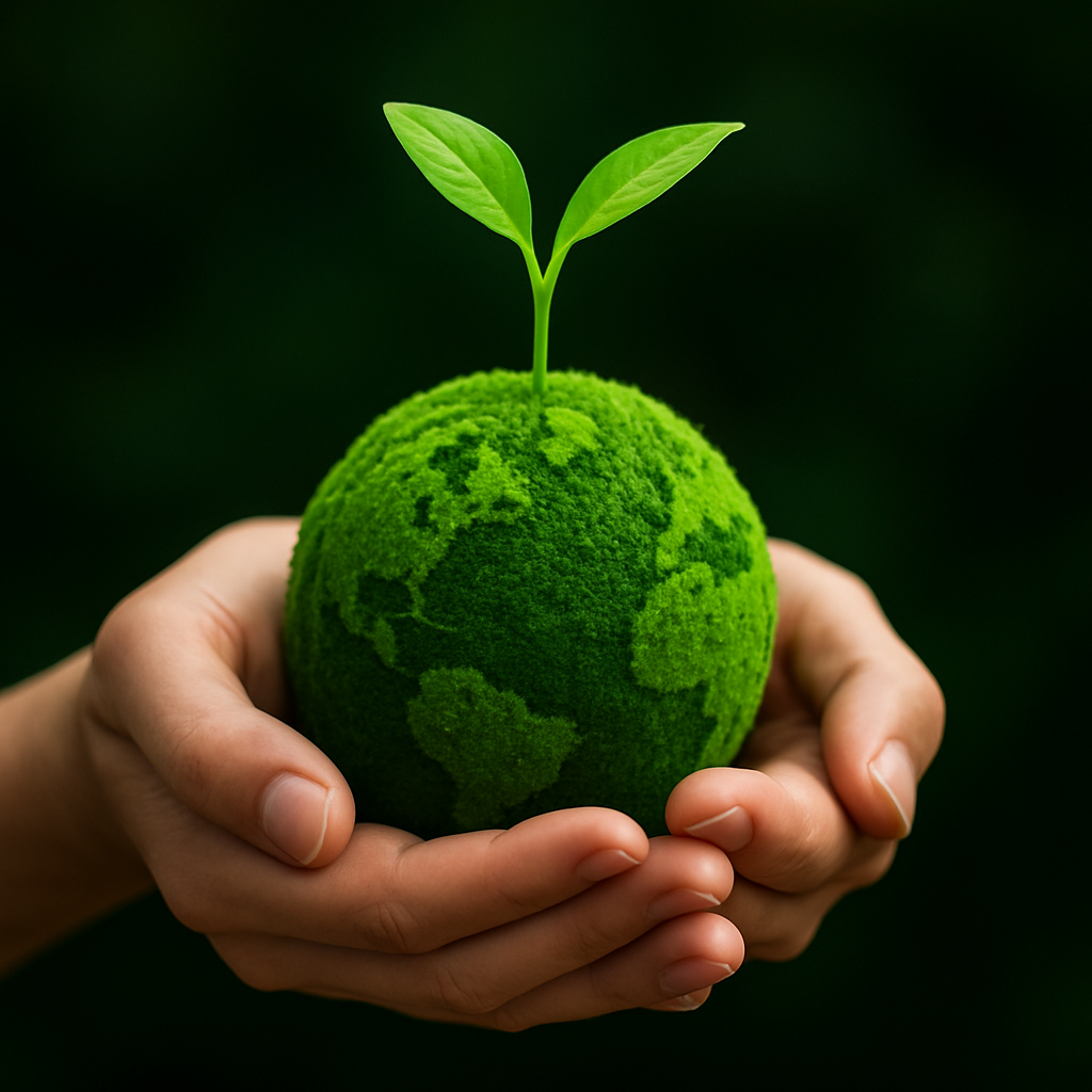 Hands holding a green planet with a sprout