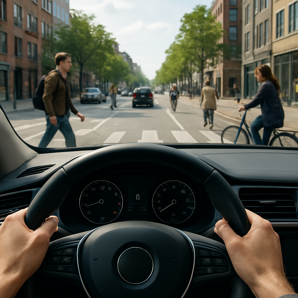 Driver's view of a city street with pedestrians and cyclists