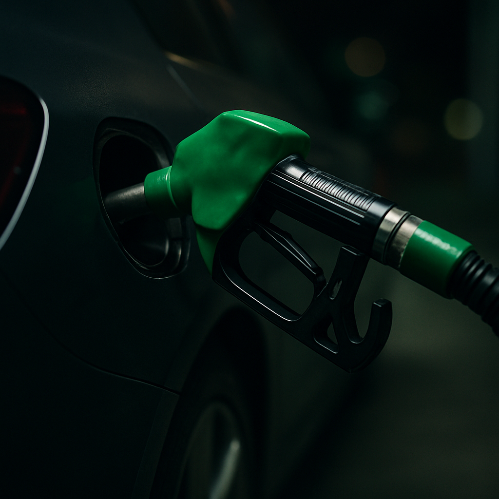 Green fuel nozzle refuelling a car