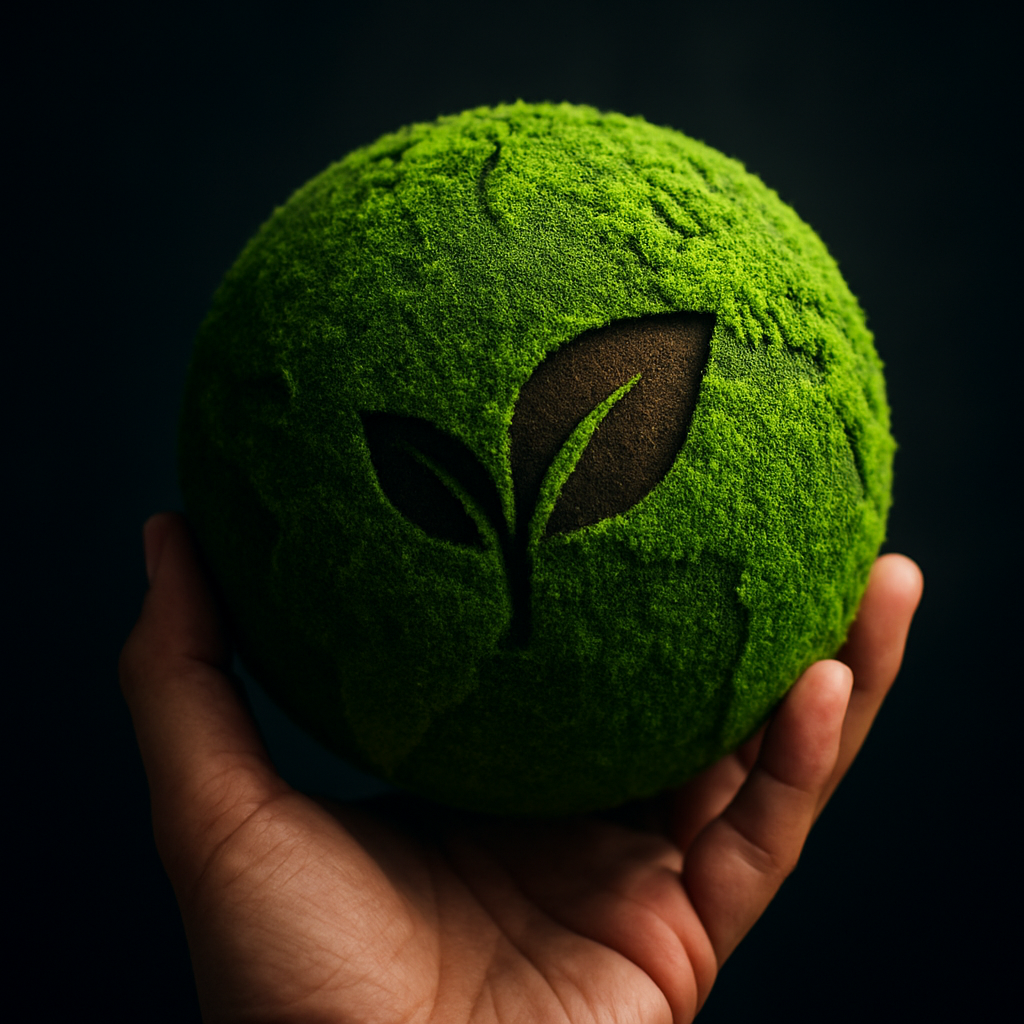 A hand holding a green moss planet representing eco-friendly mission